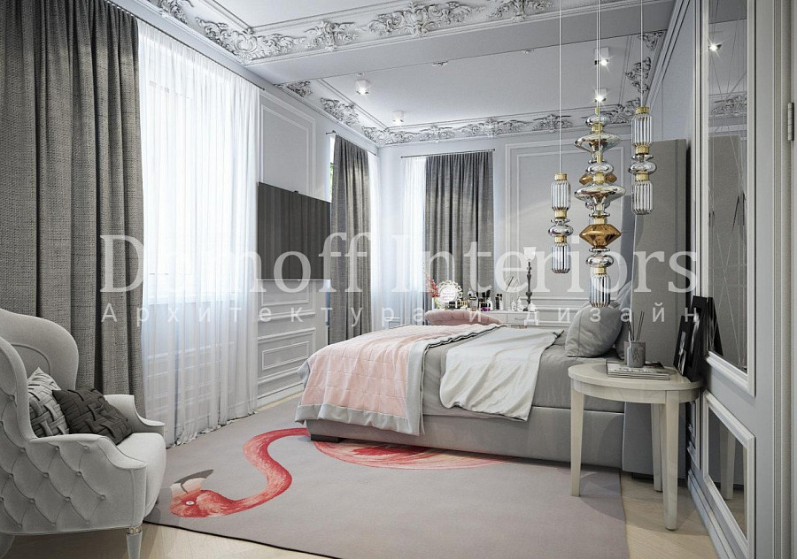 Гипсовый лепной декор в стиле барокко в современной спальне