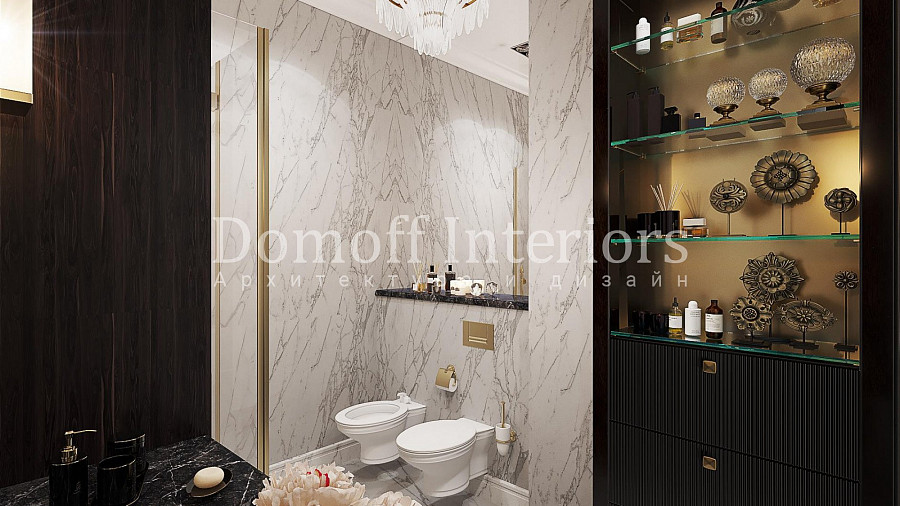 Кованые декоративные элементы в стиле ампир украшают своим теплым металлическим оттенком ванную комнату