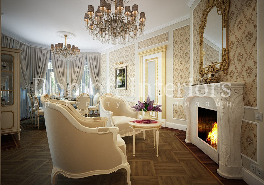 Лепнина в стиле рококо на зеркале и камине в классической гостиной