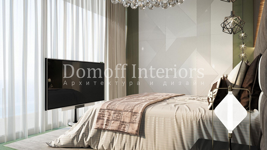 Стеновые панели геометрической формы из полимерного материала в спальне