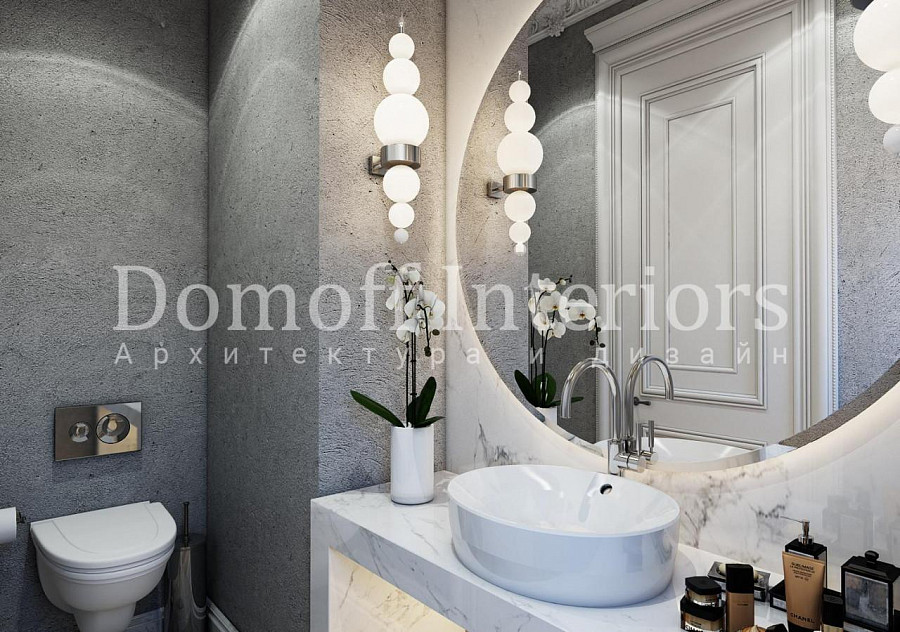 Стена под бетон в ванной комнате роскошного особняка — индустриальный стиль в своем дорогом варианте выглядит именно так