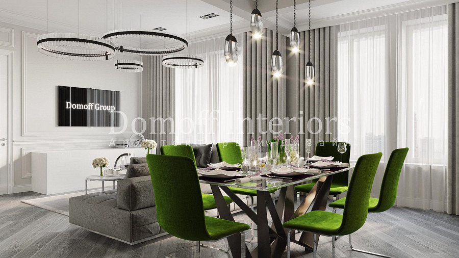 Зеленые стулья в интерьере гостиной-столовой