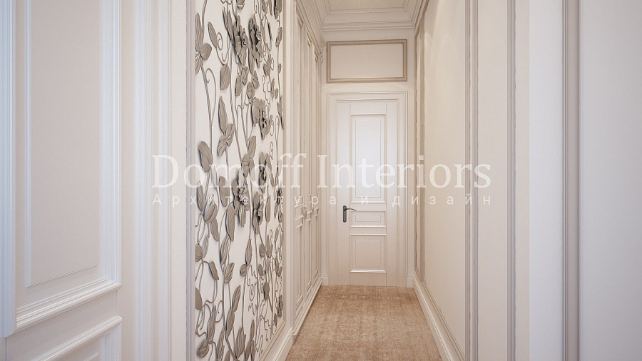 Художественная ковка из алюминия в длинном коридоре служит в качестве декоративной составляющей помещения