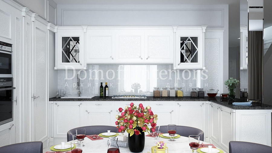 Стеклянная стеновая панель бело-серого цвета на кухне в виде фартука