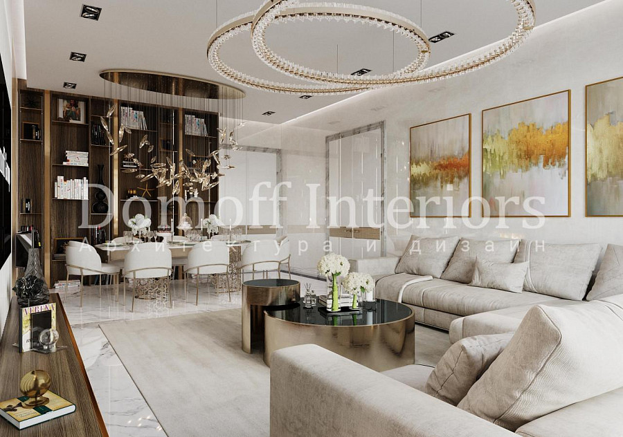 Горчичный цвет в белом интерьере гостиной комнаты подчеркнут золотыми элементами и деревянными деталями