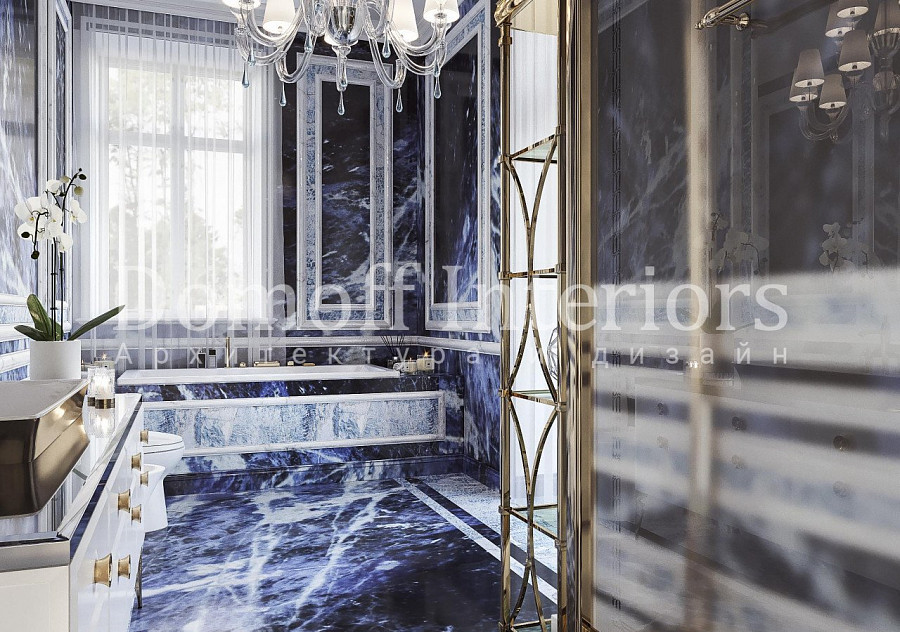 Синий мрамор в отделке пола и стен ванной