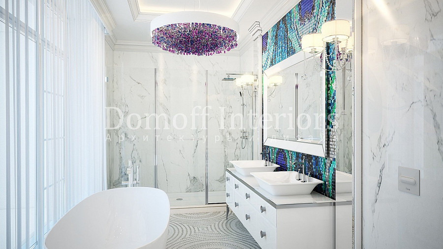 Мозаичное панно в ванной с разноцветной картиной - абстракцией