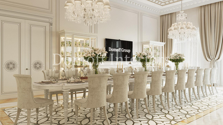 Декоративная подсветка украшает буфеты в роскошной классической столовой в белых оттенках