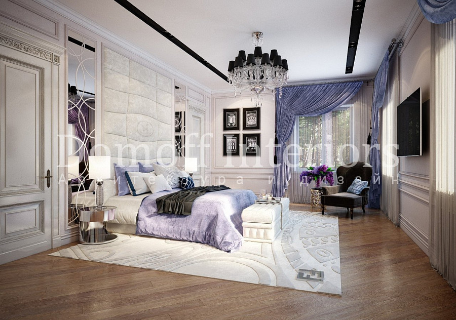 Стильные мягкие панели на стене в классической современной спальне в бело-сиреневых оттенках