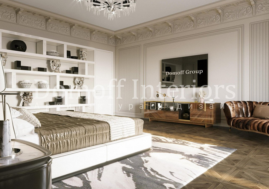 Эклектичная лепнина из гипса в виде плинтусов в современной спальне с элементами модерна