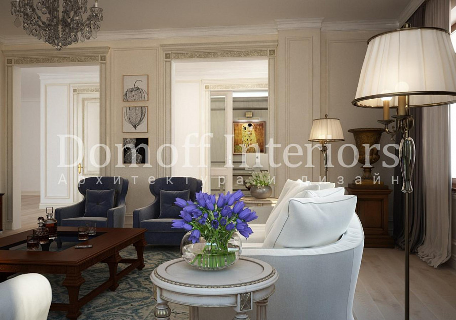 Горчичный цвет в классическом интерьере: гостиная комната в большом доме