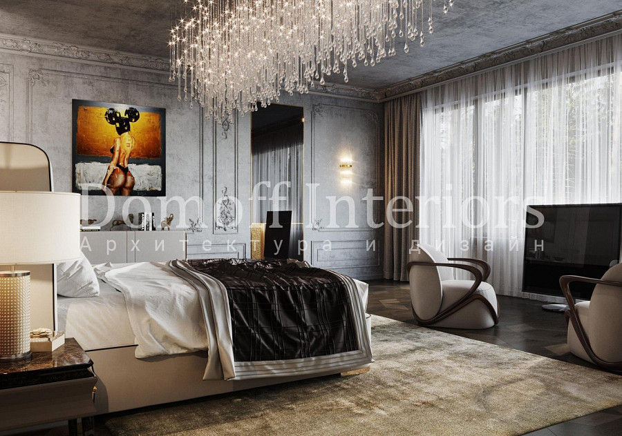 Лепной декор из гипса на стенах в современной спальне в стиле эклектика и модерн