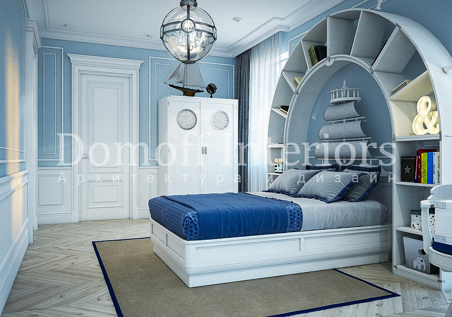Детская комната мальчика в морском стиле с книжными полками над изголовьем кровати в нетрадиционной симметрии