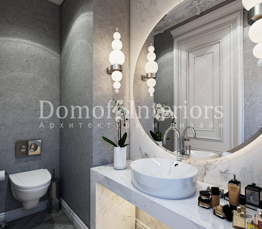 Декоративная штукатурка в ванной комнате «под бетон» идеально гармонирует с элементами из современной классики