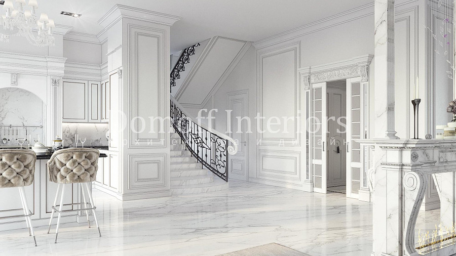 Авторская кованые балясины в роскошном интерьере белой гостиной выступают ярким акцентом