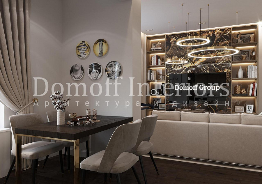 Декоративные тарелки с черно-белыми портретами на горчичном фоне преображают современный интерьер столовой-гостиной комнаты