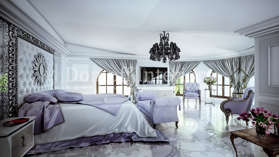 Кованые обрамления мебели классического типа в огромной изысканной спальне в холодных тонах