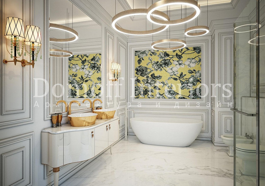 Панно из мозаики с цветами желтого цвета в ванной комнате