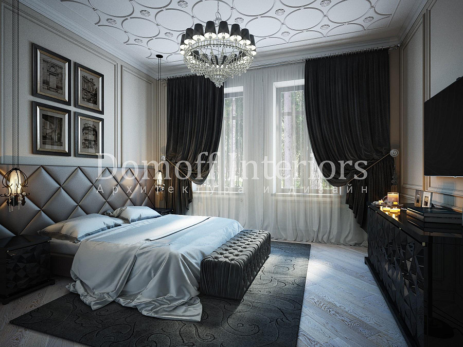 Изголовье правильной геометрической формы в спальне, выполненной в современном стиле с применением темной цветовой палитры
