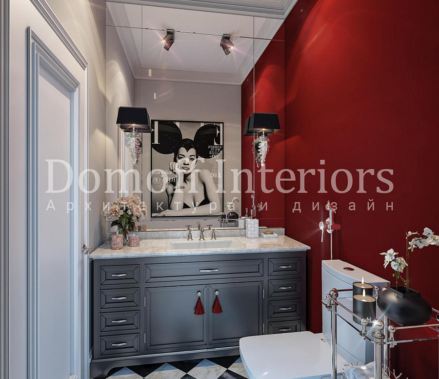 Акцент композиции может быть применим в виде красной стены в современной ванной комнате