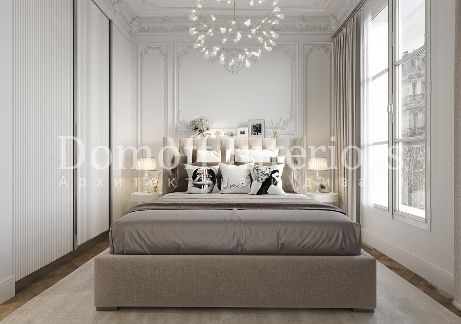 Гипсовый лепной декор классического типа на стене и под потолком в современной спальне квартиры