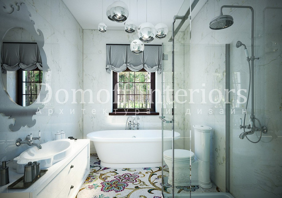 Мозаика в виде панно с цветами на полу в ванной